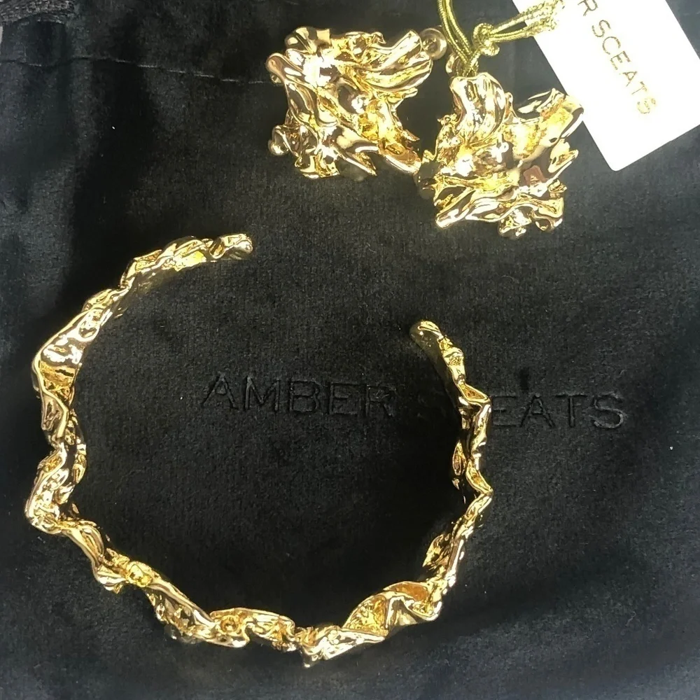 NEW Amber Sceats Emery cuff bracelet Reese earrings 24K Gold crushed sculptured